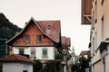 Evening street scene and old buildings in old town Interlaken, Switzerland