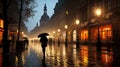 Evening streets of the old town with bright orange lanterns reflecting off the wet cobblestones in the rain with fog and