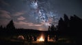 Evening summer camping, spruce forest on background, sky with falling stars and milky way. Group of five friends sitting together