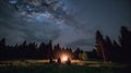 Evening summer camping, spruce forest on background, sky with falling stars and milky way. Group of five friends sitting together