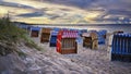 Evening sun with low light on beach filled with traditional wicker beach chairs. Binz, RÃÂ¼gen