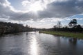 Evening sun over the river Wye in the countryside of the United kingdom. Royalty Free Stock Photo