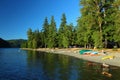 Olympic National Park, Beach and Boats at Crescent Lake in Evening Light, Pacific Northwest, Washington State, USA Royalty Free Stock Photo