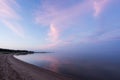 Evening sunlight and spruce tree on the coast, pink clouds and blue sky background. Beach in summer. Seaside forest. Royalty Free Stock Photo