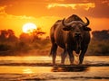 Evening sunset in Africa. African Buffalo Cyncerus cafer standing on the river bank Chobe Botswana Royalty Free Stock Photo