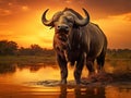 Evening sunset in African Cyncerus standing on the river Royalty Free Stock Photo