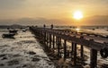 Evening at sunset around the fish bridge, the local fishing port, Bang Phra, Chonburi province