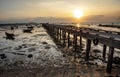 Evening at sunset around the fish bridge, the local fishing port, Bang Phra, Chonburi province