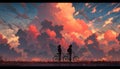 Evening sunset, girls riding a bicycles, orange sky with clouds, ai generated image