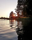 Evening sunset lakes and rivers bridge trees shadows