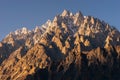 Evening sunset over Passu cathedral mountain peak in Karakoram mountains range, Gilgit Baltistan, north Pakistan Royalty Free Stock Photo