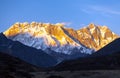 Evening sunset red colored view of Everest and Lhotse with beautiful clouds, Khumbu valley, Solukhumbu, Nepal Himalayas