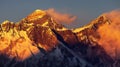 Evening sunset red colored view of Everest and Lhotse Royalty Free Stock Photo