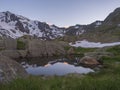 Evening sunset summer view from Bremer Hutte with lake from melting snow tongues and snow-capped moutain peaks, lush