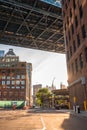 Evening sunset view of the Brooklyn bridge from under the Manhattan brdige Royalty Free Stock Photo
