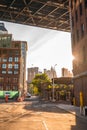 Evening sunset view of the Brooklyn bridge from under the Manhattan brdige Royalty Free Stock Photo