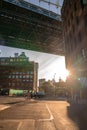Evening sunset view of the Brooklyn bridge from under the Manhattan brdige Royalty Free Stock Photo