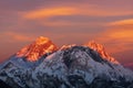 Evening sunset view of Mount Everest and Lhotseu Royalty Free Stock Photo