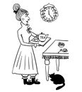 Evening tea drinking elderly lady comic illustration