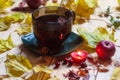 Evening tea mug, Autumn mood, autumn leaf fall Royalty Free Stock Photo