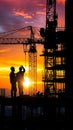 Evening teamwork Engineer and worker silhouette inspecting construction site project Royalty Free Stock Photo