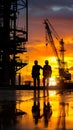 Evening teamwork Engineer and worker silhouette inspecting construction site project Royalty Free Stock Photo