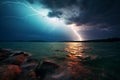 Evening thunderstorm over sea coast, generative ai Royalty Free Stock Photo