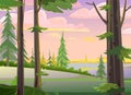 Evening time in forest. Morning rural countryside landscape with trees. Illustration in cartoon style flat design