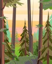Evening time in forest. Morning rural countryside landscape with trees. Illustration in cartoon style flat design