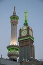 Evening time in Mecca. Minaret of Masjid Haram and Zamzam Tower in Mecca - Saudi Arabia: 28 August 2018 Royalty Free Stock Photo