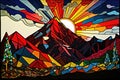 Evening time. Psychedelic mountain landscape. Beautiful illustration picture. Generative AI