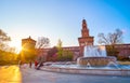 The evening time spending on Piazza Castello at the Sforza Castle and beautiful fountain, Milan, Italy Royalty Free Stock Photo