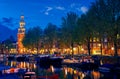 Evening town Amsterdam in Netherlands on bank Royalty Free Stock Photo