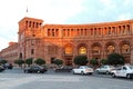 Evening traffic flows past the main Government Buildings on Republic Square in the centre of Yerevan, Armenia