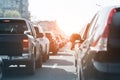 Evening traffic jam on busy city highway. Rows of car stck on road due to crush accident. Sunset metropolis rush hour scene Royalty Free Stock Photo