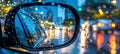 Evening traffic jam cars with headlights queued in rearview mirror during rush hour