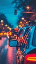 Evening traffic jam cars with headlights queuing as seen in the rearview mirror