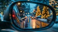 Evening traffic jam cars queuing, headlights reflected in rearview mirror during rush hour