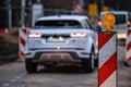 Evening traffic jam during road repairs, ntense traffic flow of in cars rush hours Royalty Free Stock Photo