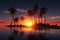 Evening tranquility palm trees grace a tropical sunset backdrop