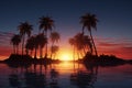 Evening tranquility palm trees grace a tropical sunset backdrop