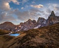 Evening twilight autumn alpine Dolomites mountain scene, Trento, Italy. Lake or Laghetto Baita Segantini view