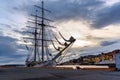 In the evening and twilight beautiful sky with a large sailboat moored at the yacht harbor in Oslo Royalty Free Stock Photo