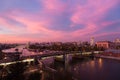 Evening, twilight and night view, red sunset over Moskva river and red skies, New monastery of the Saviour and Novospasskiy Bridge