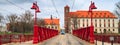 Evening urban landscape - view of The Most Piaskowy Sand Bridge over the Oder River Royalty Free Stock Photo