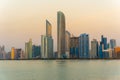 Evening view of Abu Dhabi financial district skyline. Luxury lifestyle hotels and business of United Arab Emirates. Royalty Free Stock Photo