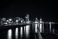 Evening view of Baku. Illuminated skyline of Baku, Azerbaijan at night with lights of buildings reflected in the water. Skyscraper Royalty Free Stock Photo