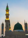 An evening view from the Masjid Nabawi in Medina. Dome of Prophet Muhammad's Mosque Royalty Free Stock Photo