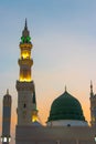 An evening view from the Masjid Nabawi in Medina. Dome of Prophet Muhammad's Mosque Royalty Free Stock Photo