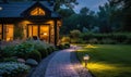Evening View of a Beautifully Lit Garden Path Leading to a Cozy House, Landscape Lighting Enhancing Home Curb Appeal and Royalty Free Stock Photo